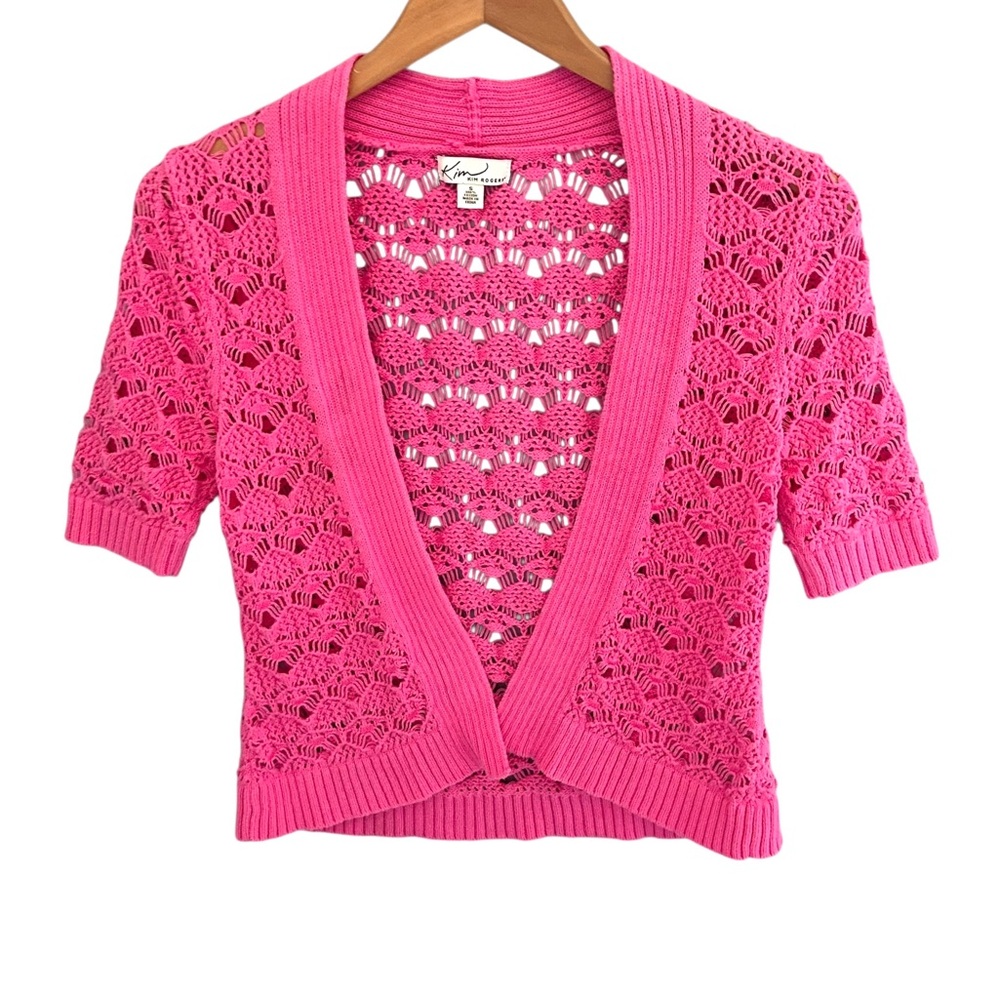 Vintage Y2K Pink Crocheted Shrug / Open Cardigan Short Sleeve Size Small - Picture 2 of 7